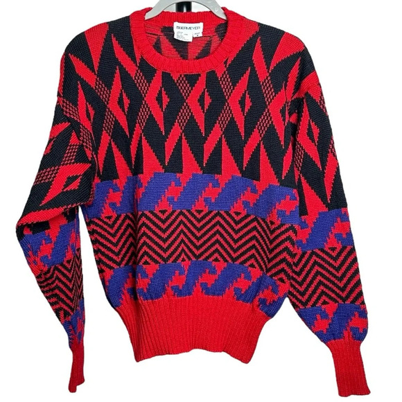 Obermeyer Jazz Sweater Size Medium Retro Funky 80s Wool Geometric Color Block - Picture 1 of 10